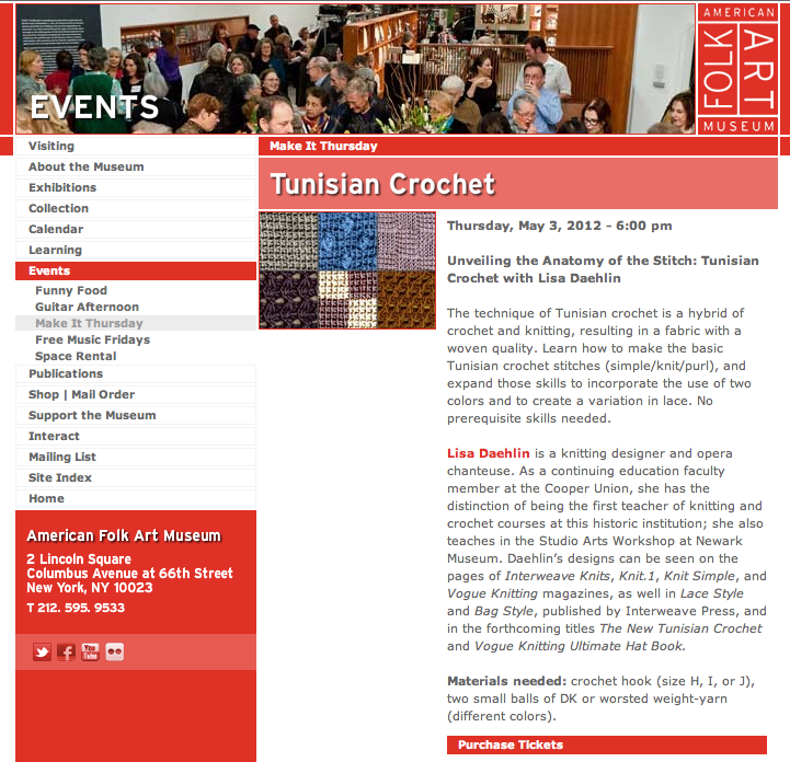 Web Listing and Registration Info for American Folk Art Museum_Lisa Daehlin Image for Tunisian Crochet workshop_3may2012