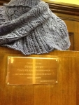 John Dewey sculpture at Teachers College wearing lace poncho de Lisa (just shawl and plaque)_designed by Lisa Daehlin_pattern published in Vogue Knitting, early fall 2012