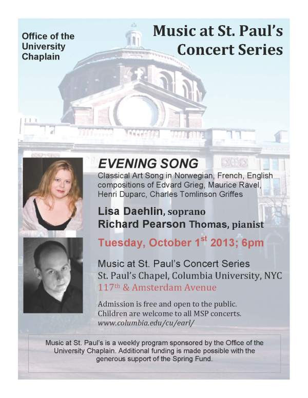 Lisa Daehlin & Richard Pearson Thomas_EVENING SONG_Music at St. Paul's Chapel Concert Series_1October2013_POSTER