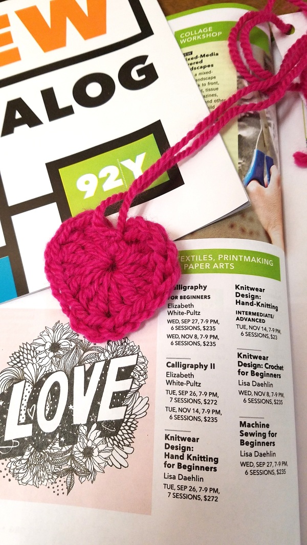 Lisa Daehlin teaching fiber arts, Fall 2017 92y catalog, fiber classes, crochet heart #lLisaDaehlinArtist #LovePeopleBeKind